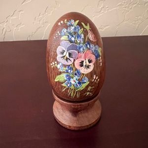 Vintage Hand-Painted Flowers on Stained Wooden Egg with Display Stand
